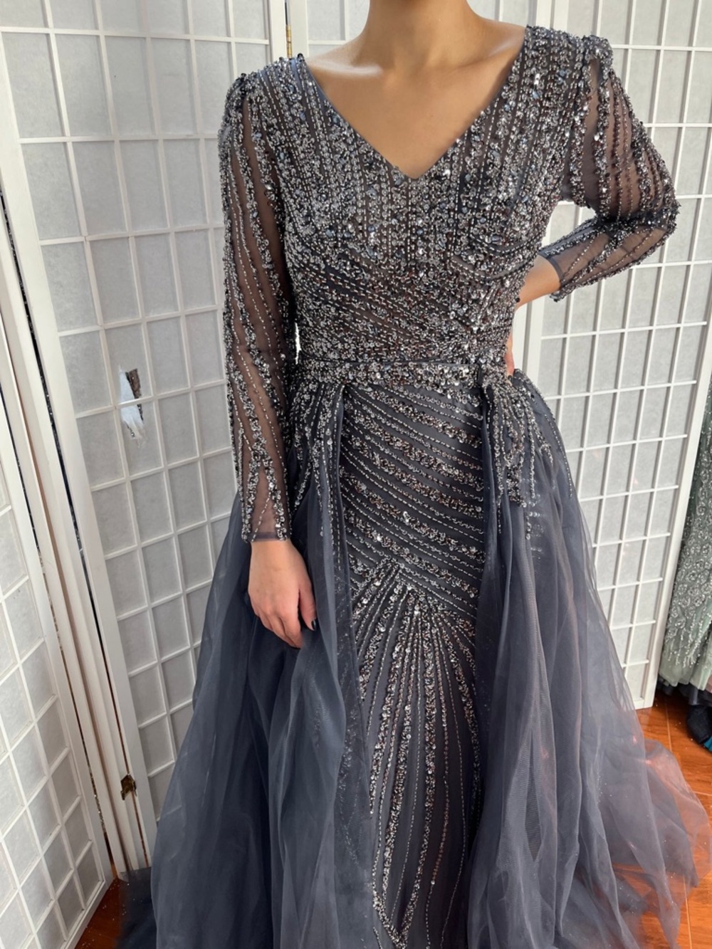Embellished Long Sleeve Navy Maxi Dress